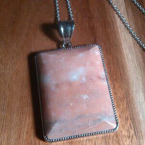 Peace Chili Stone Rectangular Frame Two Inch Pendant Stainless Steel Necklace